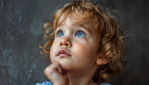 Toddler intently studying something unseen, brow furrowed in deep thought on slate gray.