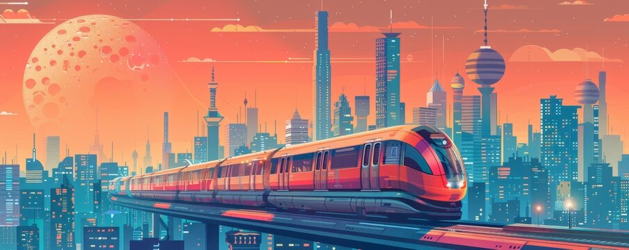 A retro-futuristic metropolis where vintage trains and monorails traverse the cityscape, their tracks weaving between towering skyscrapers and historic landmarks.   illustration.