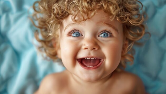 Toddler laughing uproariously, eyes crinkled in pure mirth against soft periwinkle blue.