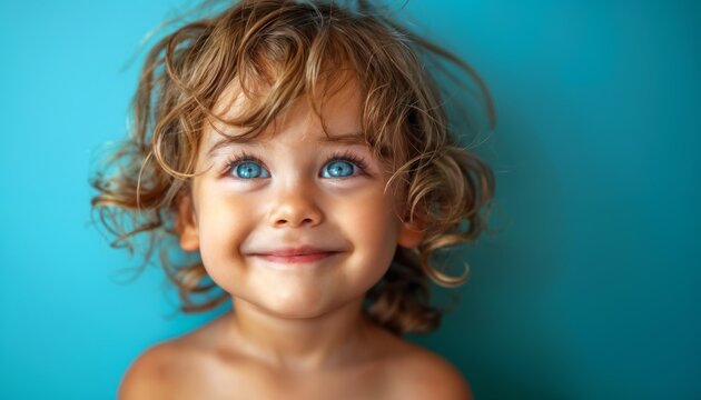 Toddler laughing uproariously, eyes crinkled in pure mirth against soft periwinkle blue.