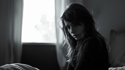 desaturated portrait of sad girl sitting in bed dramatic backlit scene photo