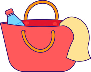 Bright wicker beach handbag. Red tote bag with water bottle and beach supplies. Summer holiday icon. Simple stroke vector element isolated on white background