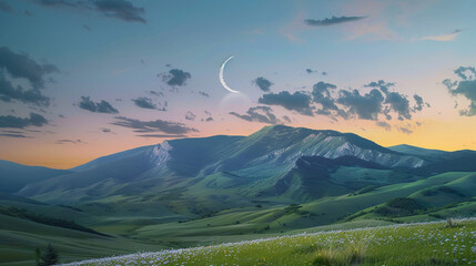 A solitary crescent moon hanging low in the sky, its soft light illuminating a serene mountain landscape bathed in the glow of twilight.