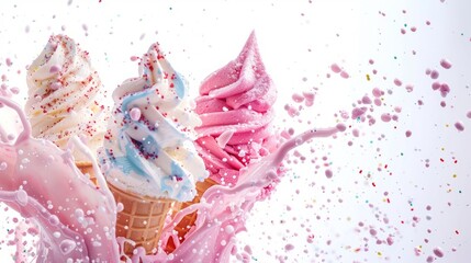 Ice cream scoop ball with fruits toppings on white background cutout. Delicious ice cream isolated on white background.