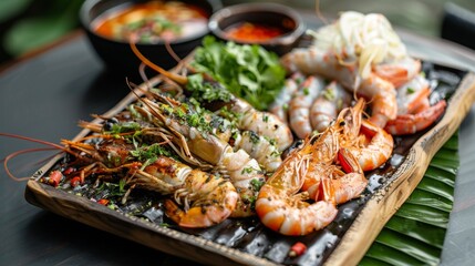 Freshly grilled seafood platter featuring succulent prawns, squid, and fish, served with spicy seafood dipping sauce and fragrant Thai herbs, capturing the essence of coastal Thai cuisine.