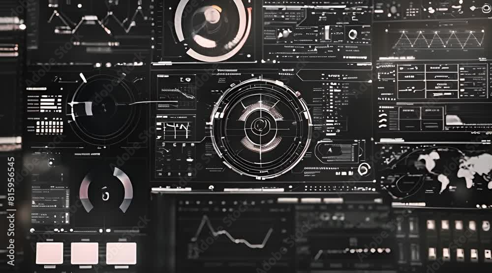Leinwandbilder Combined Random elements, numbers, and text. Alpha .PNG looping HUD UI digital technological infographic elements. Conceptual seamless HUD 2GFX Technology Sci Fi 2D texture. Animated texture for 3D