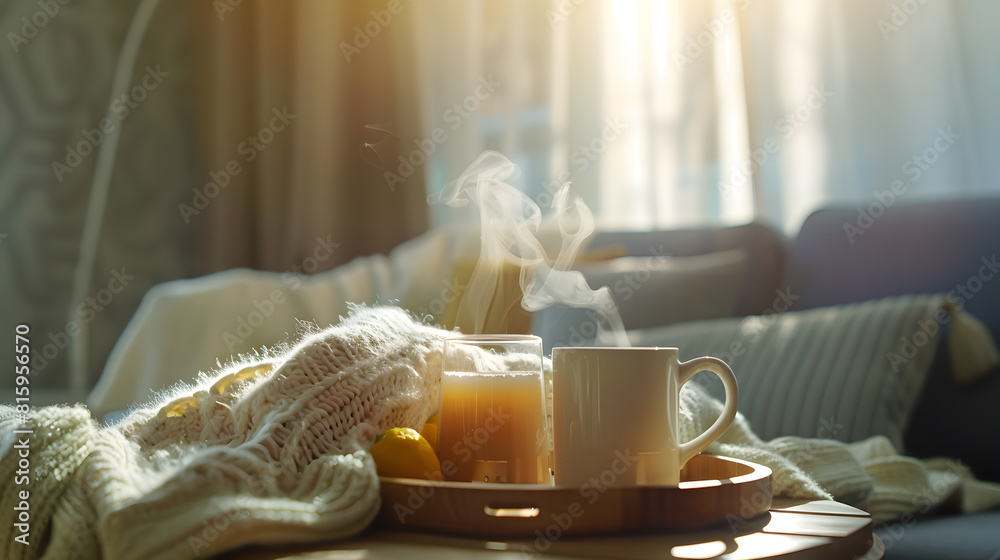 Wall mural Still life details in home interior of living room Sweaters and cup of tea with steam on a serving tray on a coffee table Breakfast over sofa in morning sunlight Cozy autumn or winter  : Generative AI