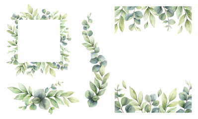 Eucalyptus leaves and greenery borders set.  Watercolor green leaves and branches. C for invitations, greeting cards, save the date, albums. Hand drawn illustration.
