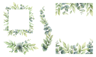 Eucalyptus leaves and greenery borders set.  Watercolor green leaves and branches. C for invitations, greeting cards, save the date, albums. Hand drawn illustration.