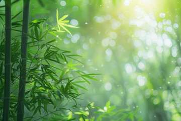 Fototapeta premium A serene bamboo forest bathed in soft sunlight, with slender bamboo stalks stretching towards the sky and lush green foliage filtering the dappled light, creating a tranquil oasis of natural beauty.