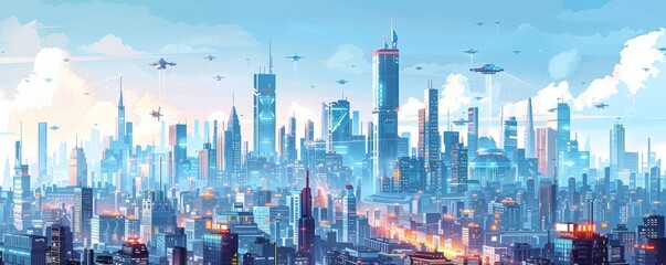 Fototapeta premium A futuristic megacity powered by advanced technology and renewable energy, where skyscrapers scrape the sky and flying vehicles fill the air. illustration.
