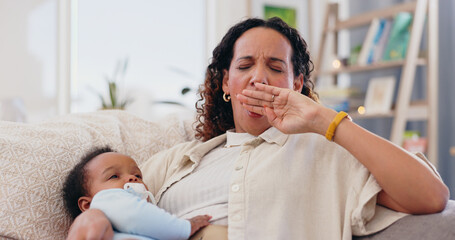Woman, baby and tired yawn in home for mother parenting fatigue for exhausted burnout, stress or...