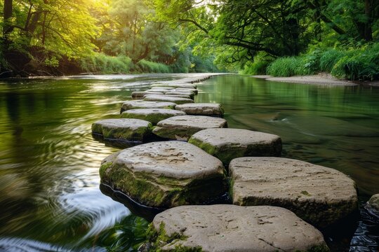 Journey to Success: Stepping Stones Across a Serene River Towards Lush Greenery
