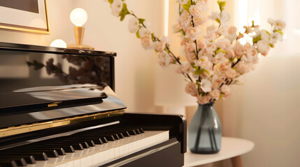 Elegant composition at living room interior with black piano gold mock up poster frame spring flowers decoration lamp and stylish presonal accessories in modern home decor : Generative AI