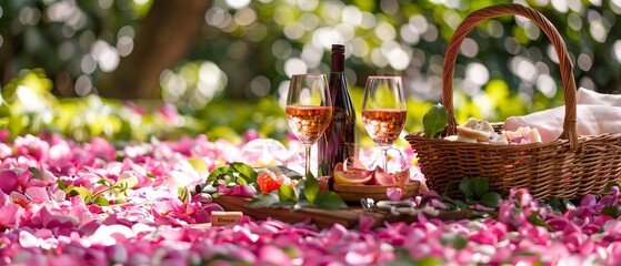 A romantic picnic setup on a carpet of pink petals, with a wicker basket, wine glasses, and a light meal, perfect for a spring day