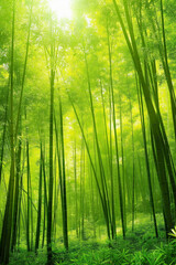 Fototapeta premium A serene bamboo forest bathed in soft sunlight, with slender bamboo stalks stretching towards the sky and lush green foliage filtering the dappled light, creating a tranquil oasis of natural beauty.
