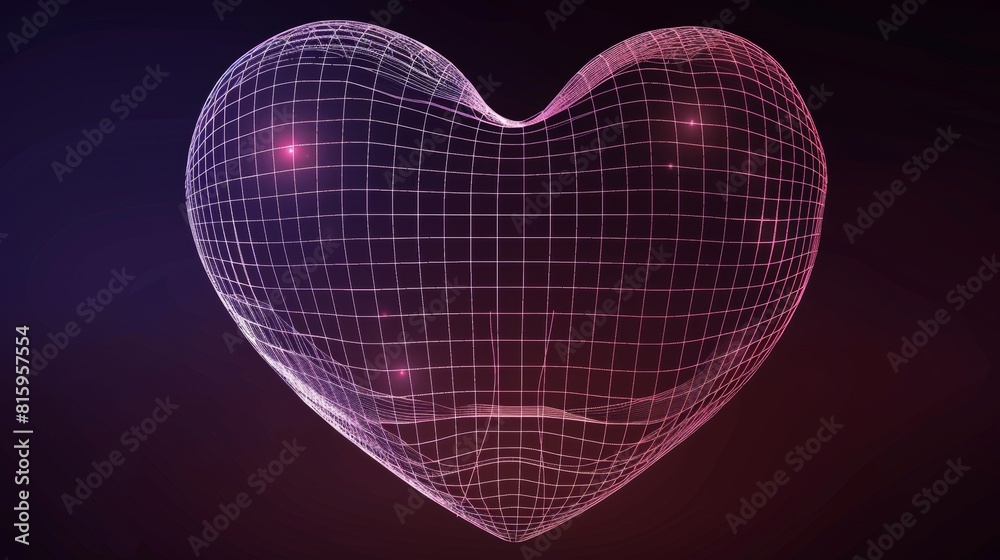 Poster a 3d wireframe heart shape is an abstract object made from line mesh in the shape of a heart, modern