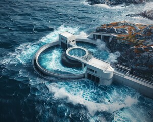 Capturing the untapped energy of ocean waves in sustainable energy production, wave power generation facility.