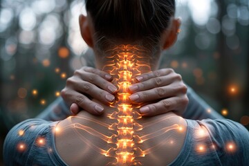 Fototapeta premium A woman in a park with her hands on her neck, the neck is shown in detail with the spine and vertebrae glowing orange in pain