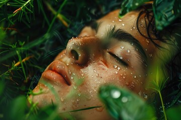 Closeup of a person resting in a field, face turned upward, raindrops lightly falling, surrounded by vibrant greenery, deeply serene