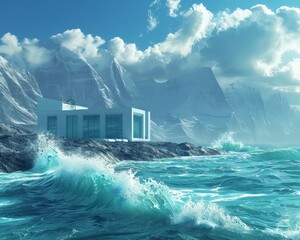 A wave power generation facility captures the untapped energy of ocean waves in sustainable energy production.