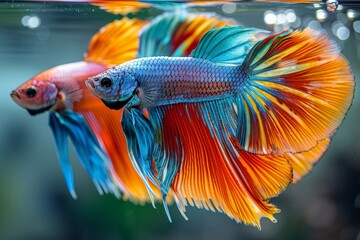 Fototapeta premium Colorful Betta fish displaying vibrant fins, ideal for aquarium enthusiasts.