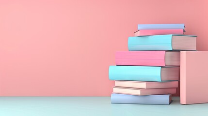 Fototapeta premium Whimsical Wonderland: Towering Books on a Blush Canvas