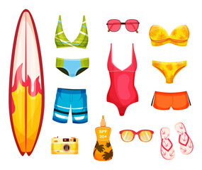 Set for swimming and surf and hiking. Swimsuit, surfboard, camera, beach flip-flops, sunglasses, sun protection. Vector illustration. Trendy style. Summer, sea, beach. Holidays and travel. Vacation