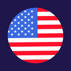 Round sticker decal in colors of USA flag. Festive element, attributes of July 4th US Independence Day. Flat vector icon in national colors of US flag on dark blue background