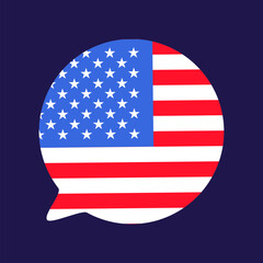 Talking bubble filled with stars and stripes USA Flag Canvas Banner. Festive element, attributes of July 4th US Independence Day. Flat vector icon in national colors of US flag on dark blue background