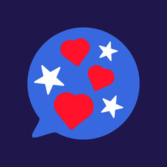 Talking bubble filled with stars and patriotic hearts signs. Festive element, attributes of July 4th USA Independence Day. Flat vector icon in national colors of US flag on dark blue background