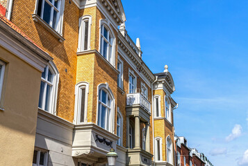 Residential building in ancient style on a sunny day against a blue sky. Ystad, Sweden