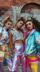 Group of friends dressed in Y2K fashion, featuring metallic fabrics and colorful accessories, posing together in an urban setting, nostalgic vibe