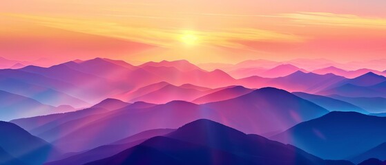 Highaltitude scenic view, close up, focus on layered hills, copy space, serene and tranquil hues, Double exposure silhouette with sunrise over mountains