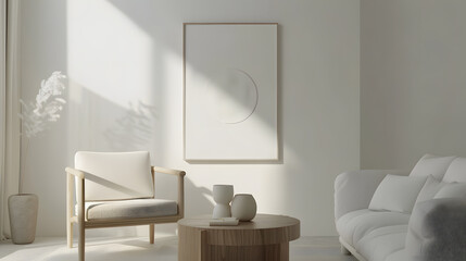 Aesthetics composition of open space interior with mock up poster frame modern armchair wooden coffee table round pillow modular sofa coffee table and personal accessories Home decor T : Generative AI
