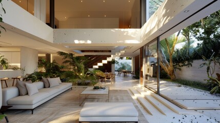 Modern luxurious living room with open space design, minimalistic furniture, and large glass windows overlooking a tropical garden.