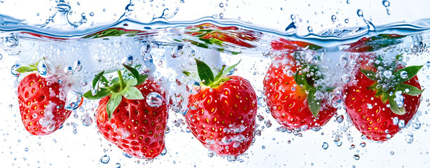 Fresh Strawberries Splashing into Water , Juicy Strawberries in Blue Water Splash. Levitating Strawberries in Water Splash