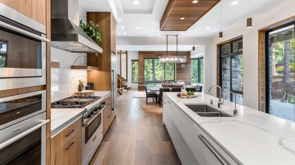 Modern spacious kitchen interior with wooden floors, white cabinets, stainless steel appliances, and a dining area with large windows.