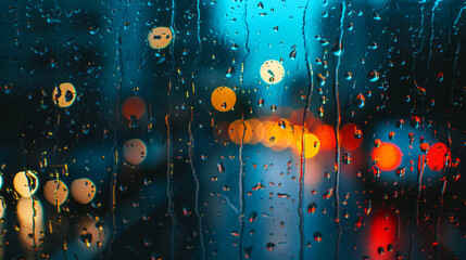 Colorful raindrops streak down a window, capturing the blurred lights of a city at twilight