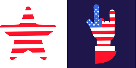 Goat hand gesture, rock musical concert gesture. Festive element, attributes of July 4th USA Independence Day. Flat vector icon in national colors of US flag on dark blue background