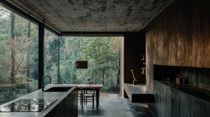 Modern kitchen interior with concrete ceiling, wooden accents, and large window overlooking a dense forest. Serene minimalist design concept.
