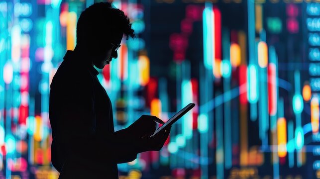 A trader's silhouette against a backdrop of virtual screens, using a digital tablet to interpret stock market trends represented by candlestick graphs. - Powered by Adobe