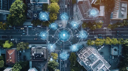Aerial View of Smart City Highlighting IoT and Business Efficiency