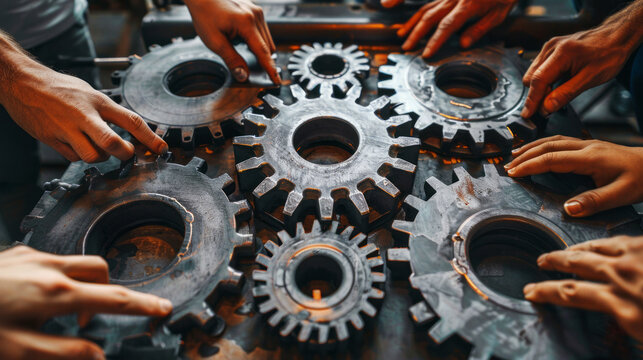 Group of hands assembling large industrial gears, depicting teamwork and mechanical engineering