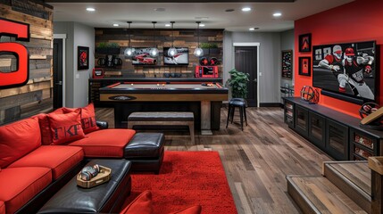 Modern man cave with sports theme featuring a pool table, red accents, leather couch, and sports memorabilia on walls.