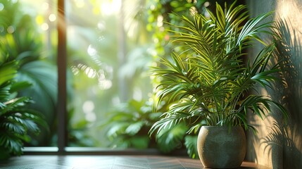 Obraz premium living room with tropical houseplant decorated with light and shadow plays, light and bokeh, Generative Ai