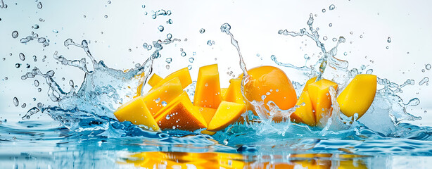 Juicy Mango Cubes Splashing into Blue Water. Levitating Mango Cubes in Water Splash on white background