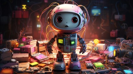 Machine learning workshop for kids, with simple AI kits allowing them to build basic neural networks Theme Educational tech Front view AI learning early Robotic tone Colored pastel