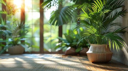 living room with tropical houseplant decorated with light and shadow plays, light and bokeh, Generative Ai