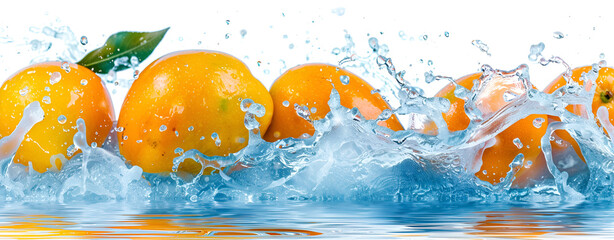 Juicy Fresh Mango Splashing into blue Water Against White Background, Food Levitation. Fresh Mango in Blue Water Splash